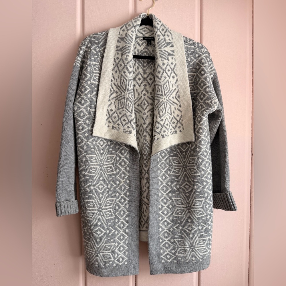 Talbots Wool/Cashmere Gray and Cream Snowflake Cardigan Sz medium